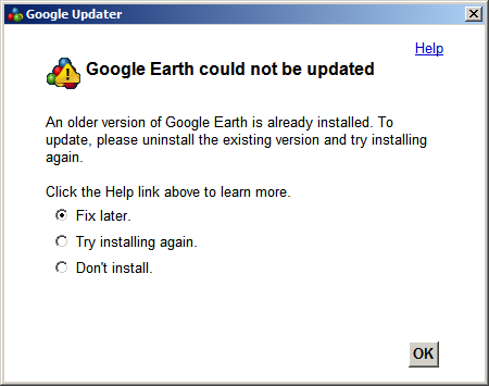 Google updater error message