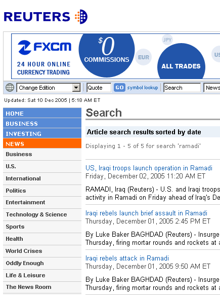 Reuters Search Page for Ramadi on 10 Dec 2005